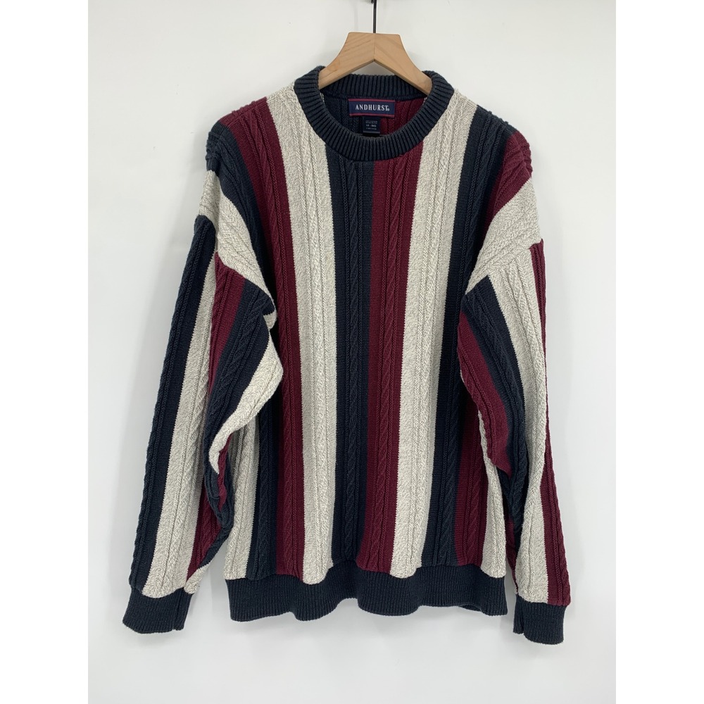 Vintage Cosby Sweater Mens 1X Big Blue Red Cotton Chunky 3D Andhurst Made USA